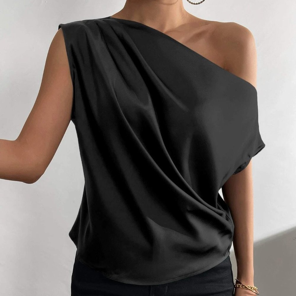 Black Boho Womens Asymmetrical Neck Ruched Shoulder Blouse - Picture 3 of 5